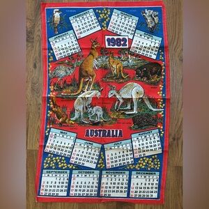 Vintage Red Calendar Tea Towel 1982 Australia Cotton 28”x17.5” Kangaroo Birds